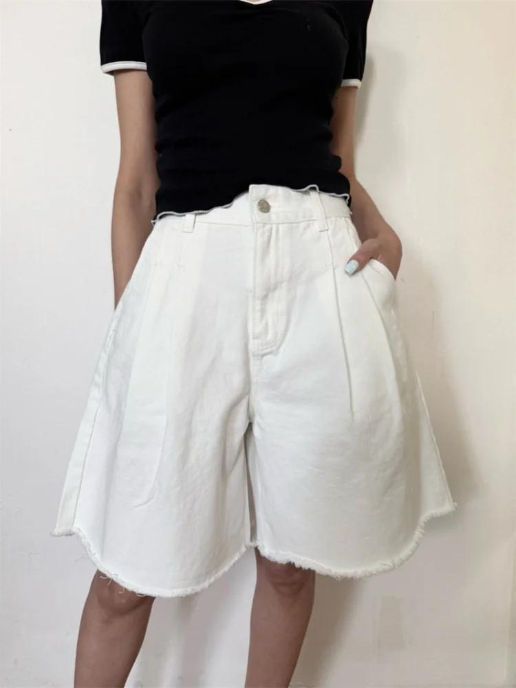 Embroidery Jeans - Pantalones Cortos Vaqueros Holgados Plisados de