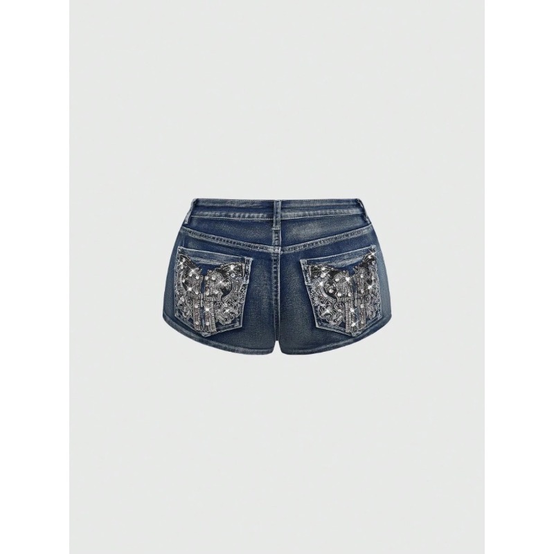 Embroidery Jeans - Shorts de mezclilla de tiro bajo