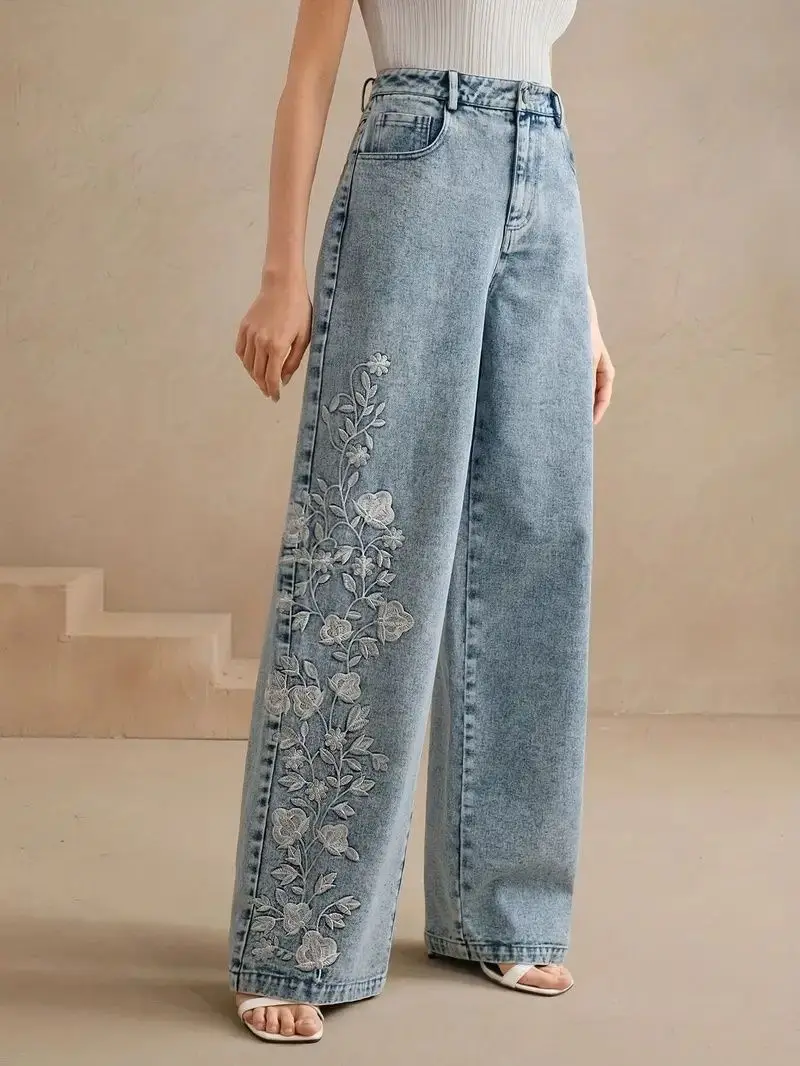Embroidery Jeans - Jeans de Pierna Recta Y2K para