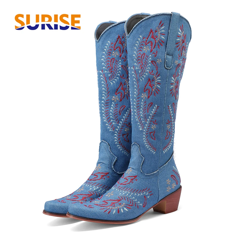Embroidery Jeans - Botas vaqueras azules de vaquera occidental